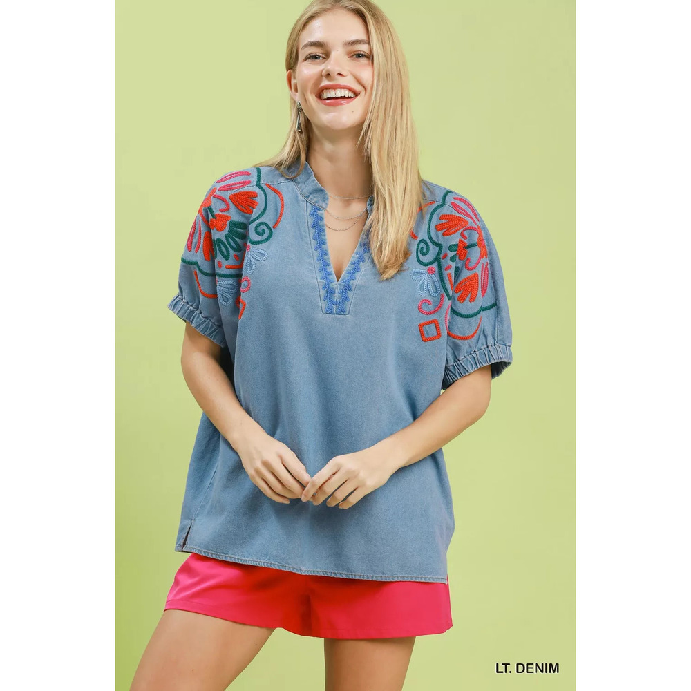 Umgee Embroidered Denim Puff Sleeve Top